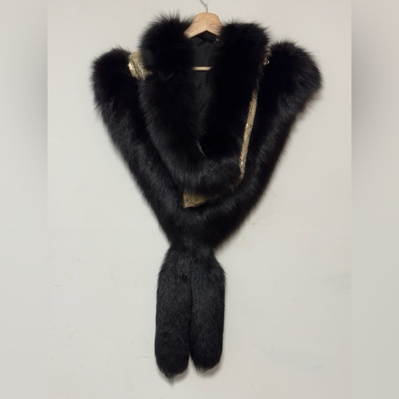 Vintage Black Mink Arctic Fox Fur Shawl Oversized Gold Trim Adjustable‎ Stole - Picture 8 of 16